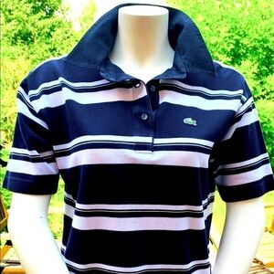Lacoste marine style woman polo shirt navy blue cotton white striped Logo Eur 40